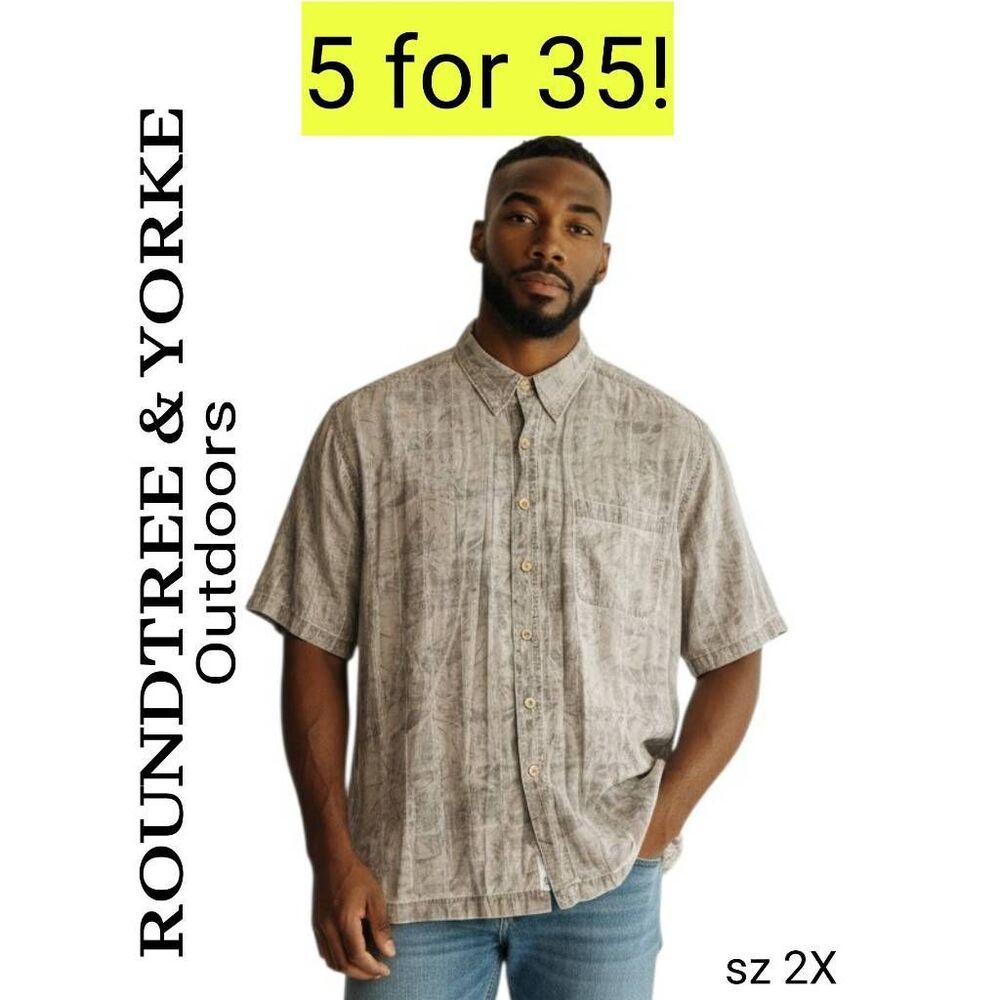 RoundTree & Yorke Outdoors Neutral Khaki Distressed Textured Short Sleeve Shirt